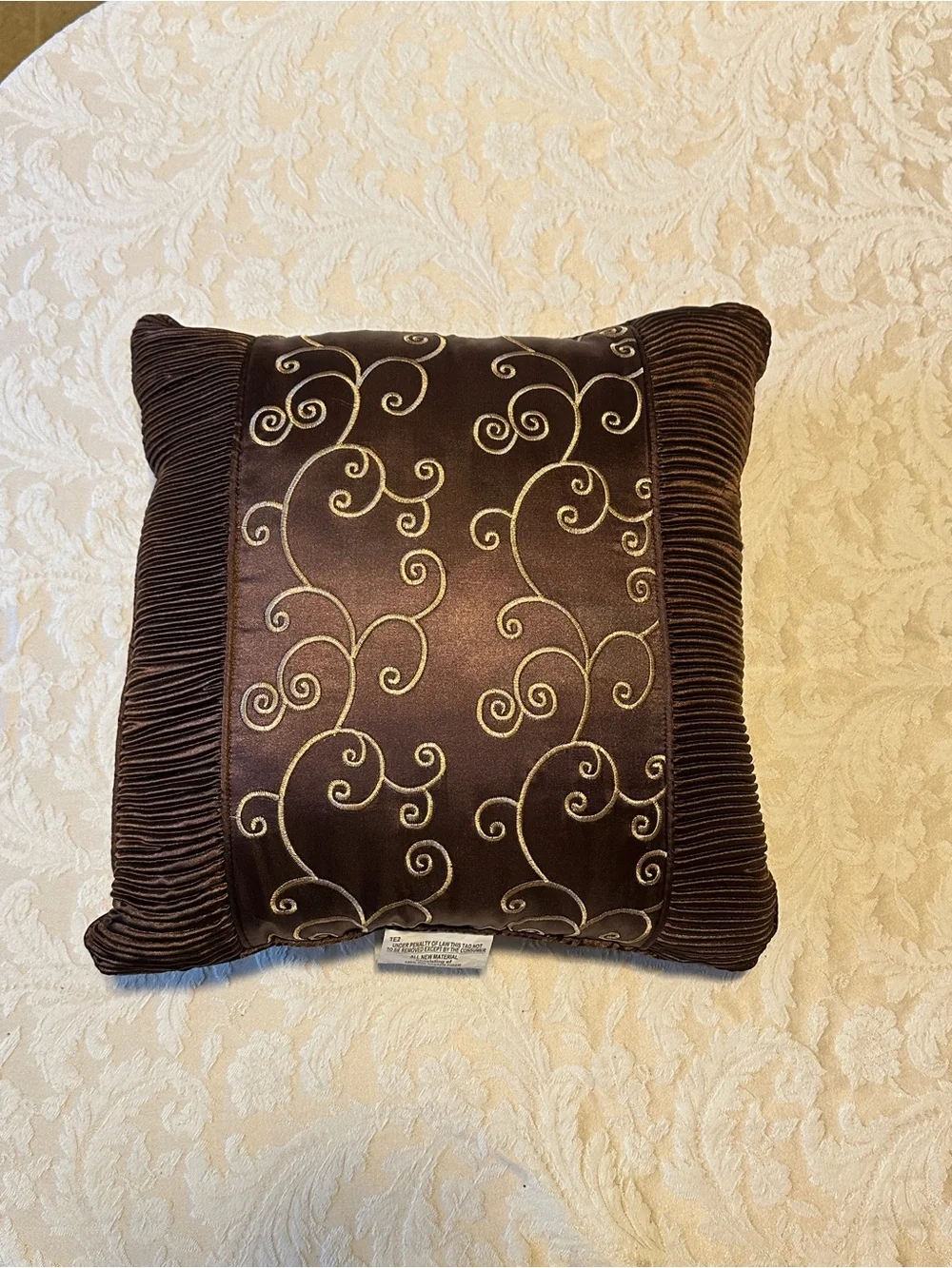 Chocolate Brown Accent Pillow with Gold Scroll Embroidery